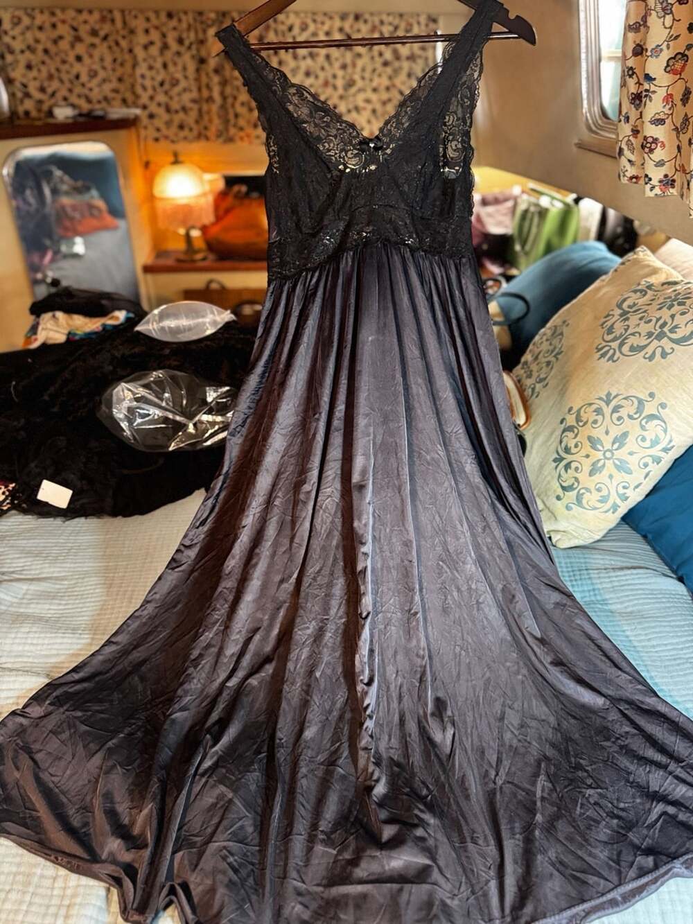 Vintage starlet shadowline night gown black full length - sz M